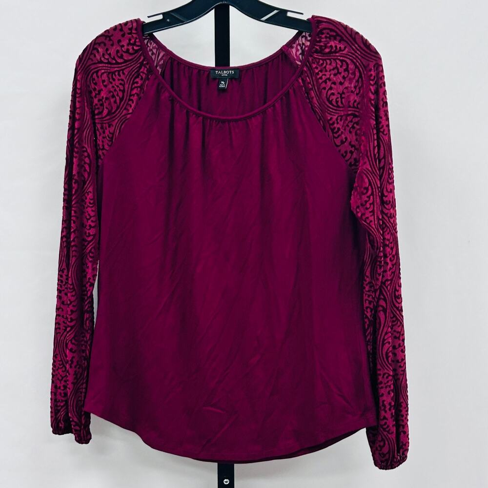 Talbots Floral Sleeve Round Neck Women's Petite M Long Sleeve Top T Shirt Wine